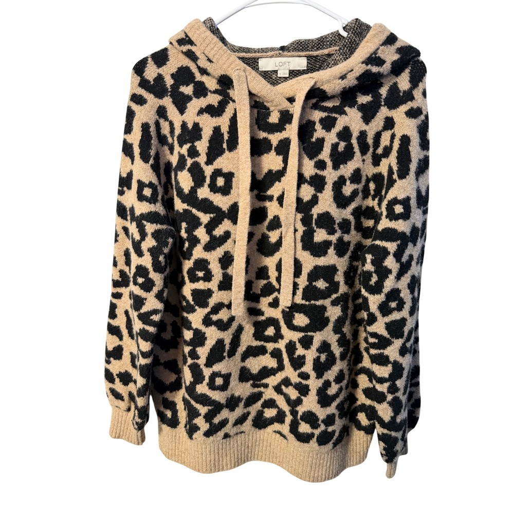 LOFT Leopard Print Hoodie Women Size M Tan Black Knit